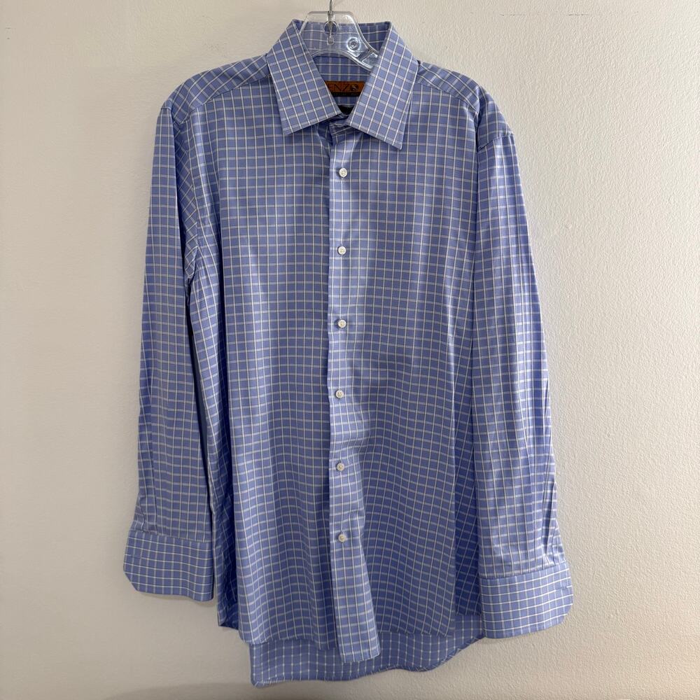 Enzo Italy Blue White Windowpane Check Dress Shirt 15.5 32/33 100% Cotton